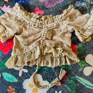 Cream and Gold Puff Sleeve Crop Top with Ruffled and Smocked Details Seq…